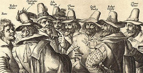Ocho de los trece cómplices de la Conspiración de la pólvora, entre los que se encuentra Guy De Fawkes (el tercero empezando por la derecha).